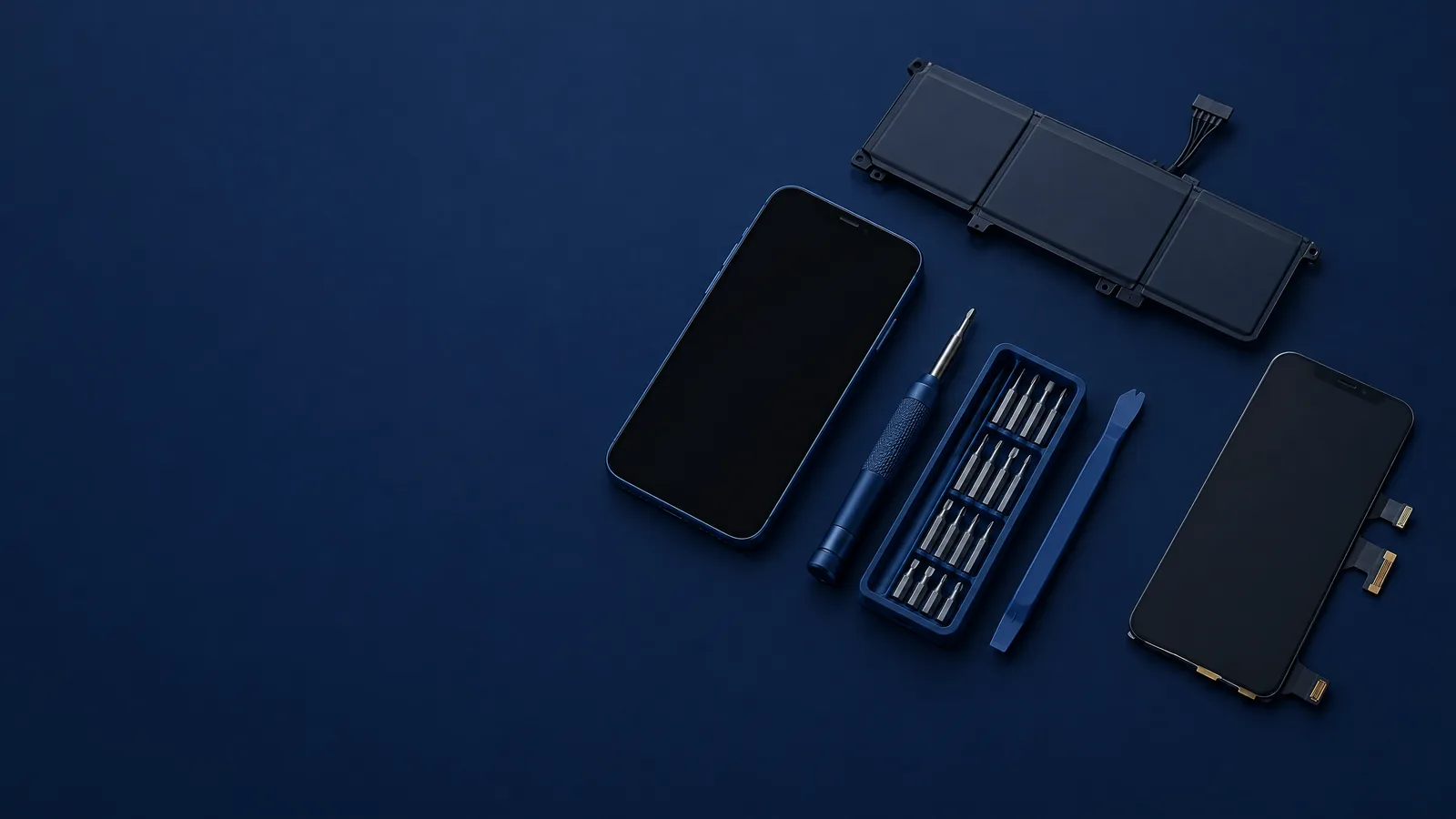 Phone parts and repair tools on a navy background
